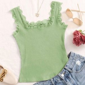 Solid Lace Trim Rib-Knit Tank (Lime Green)
